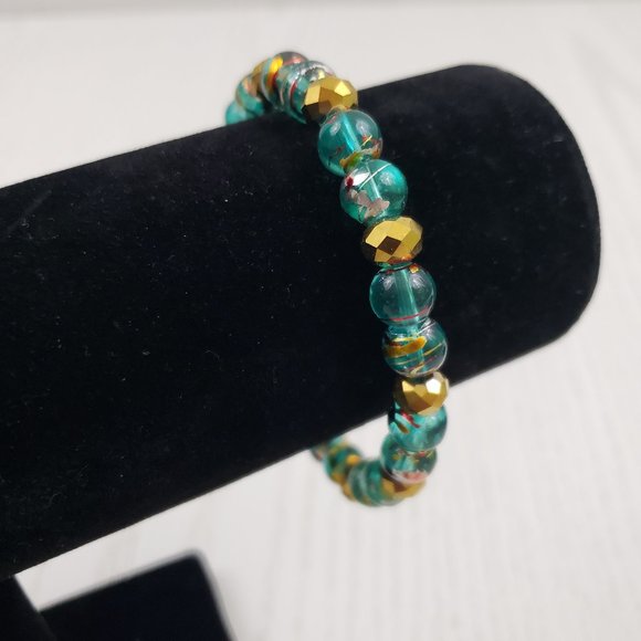 Green Gold Speckled Glass Bead Stretch Bracelet - Picture 1 of 4